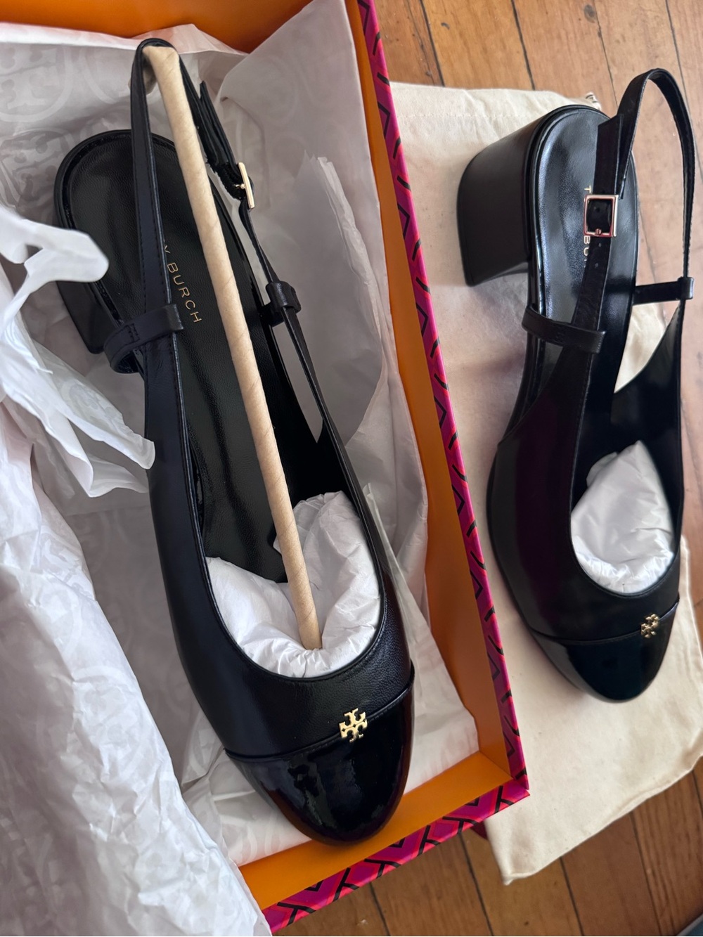 Tory Burch Black Leather & Patent Slingback Block Heels